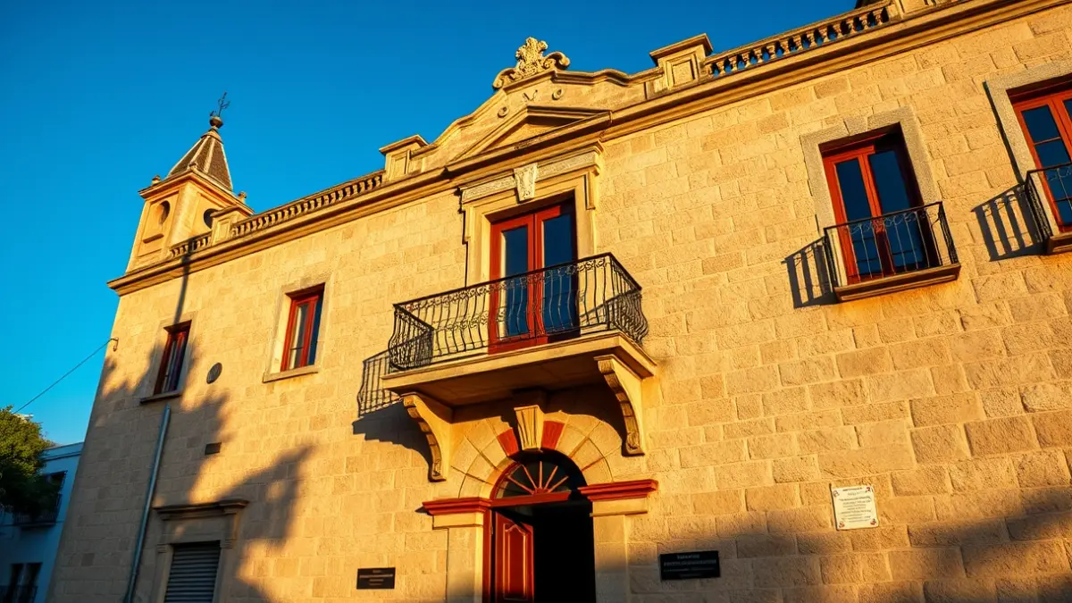 Fachada de un ayuntamiento tradicional canario con balcón y barandillas de hierro.