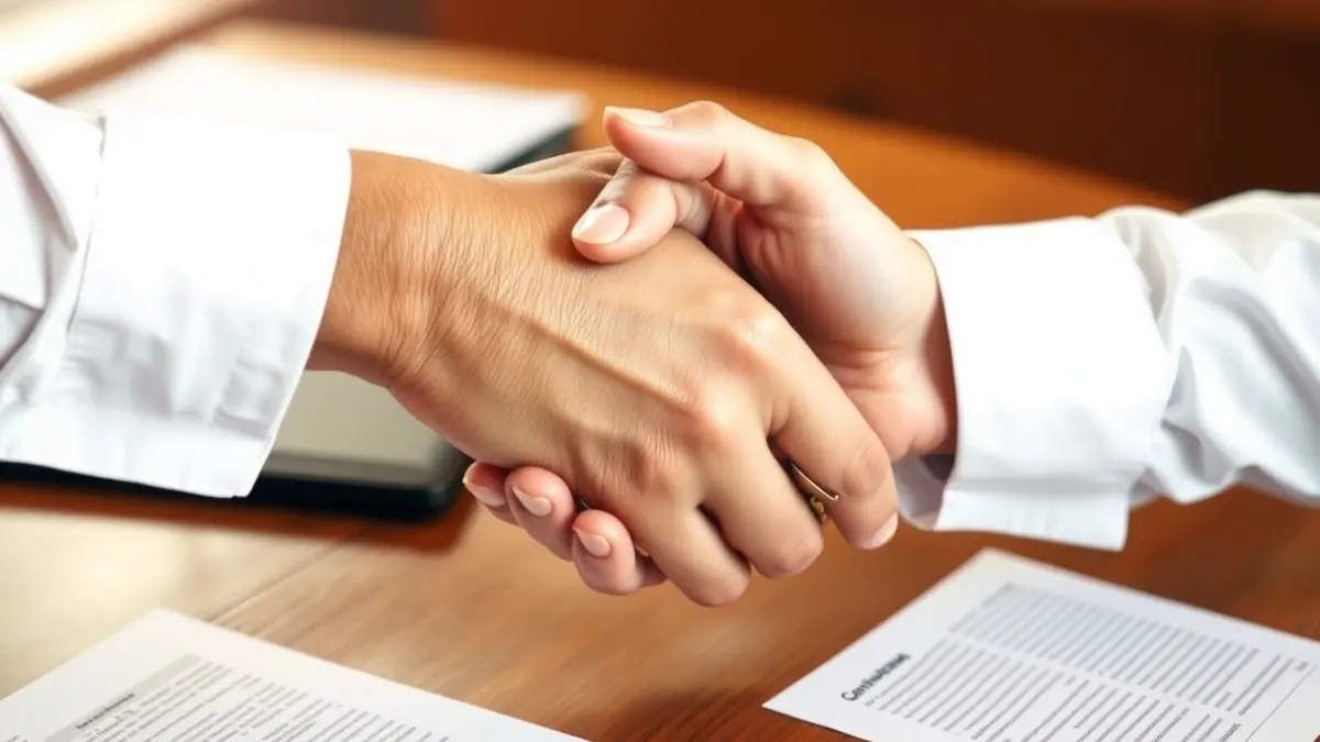 Imagen genérica de dos manos estrechándose sobre un escritorio con documentos borrosos, simbolizando un acuerdo o negociación.