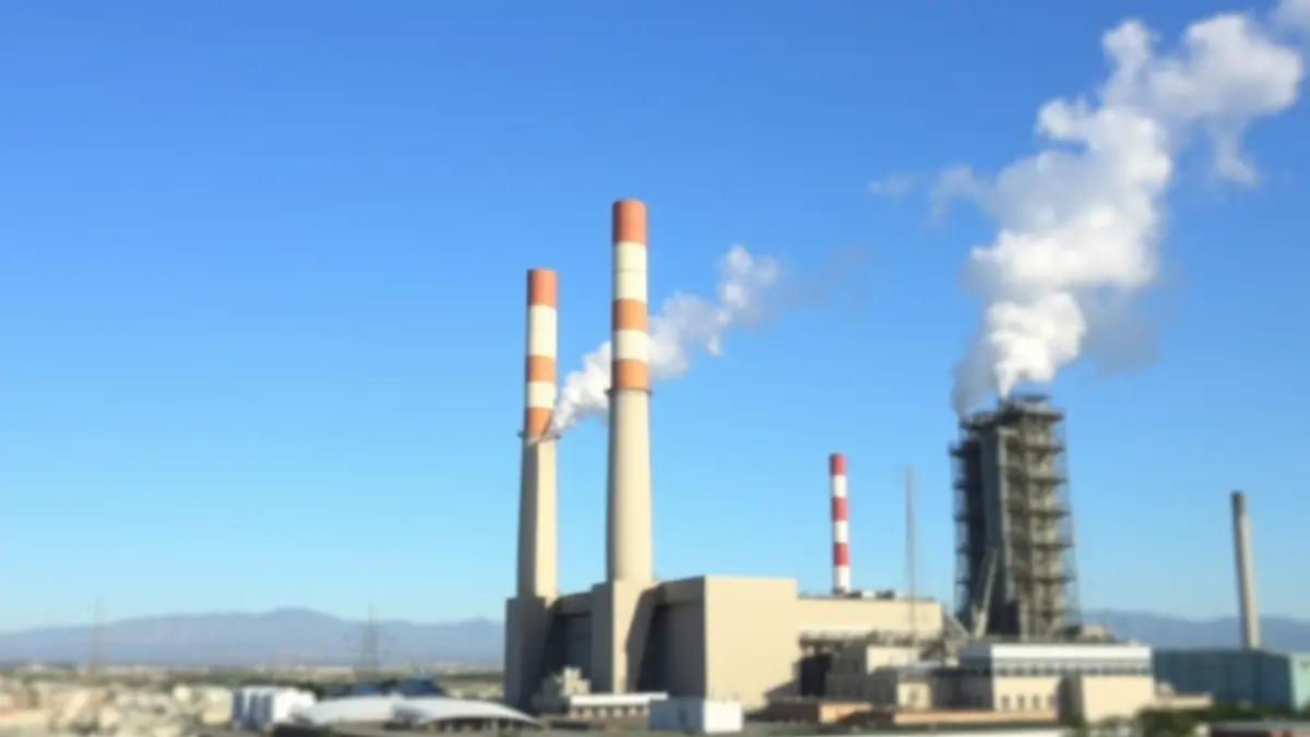 Image of a power plant with smokestacks, in an urban setting.