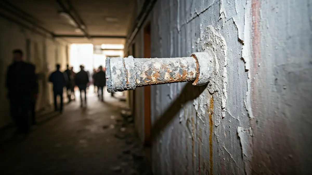 Imagen de una tubería corroída y con fugas en un pasillo descuidado, simbolizando el abandono.