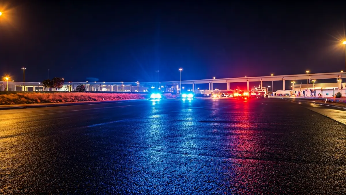 Generic image of emergency lights reflected on wet asphalt at night.