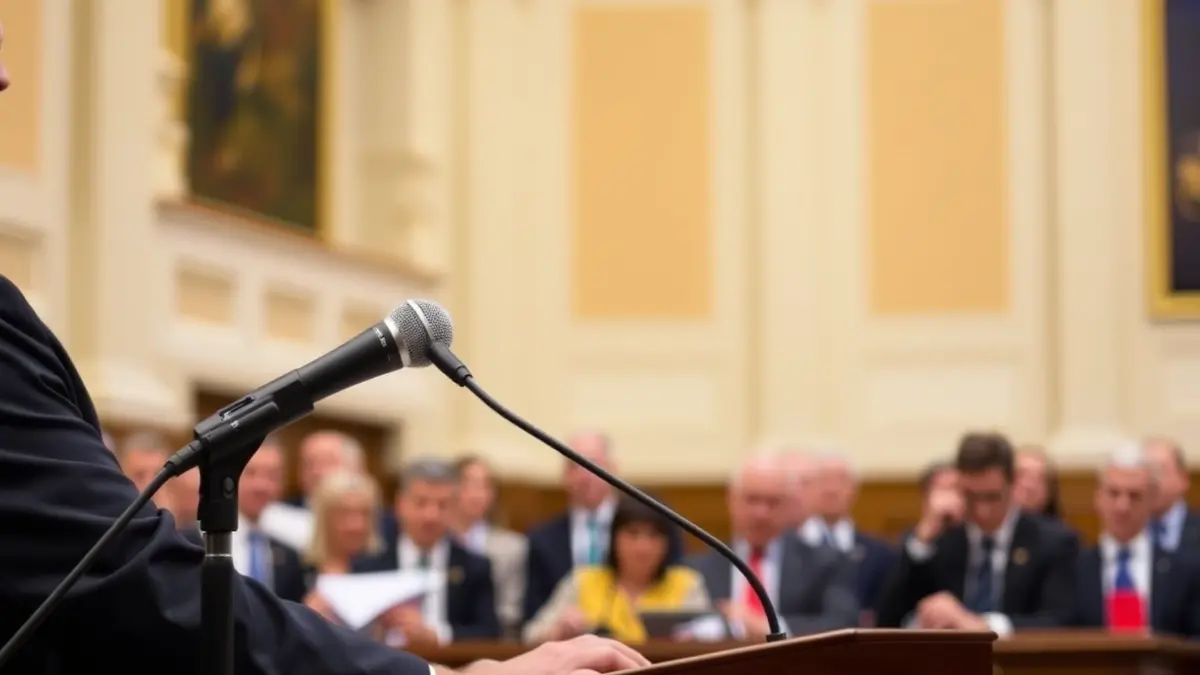Generic image of a microphone on a podium in a parliament, symbolizing a political debate.