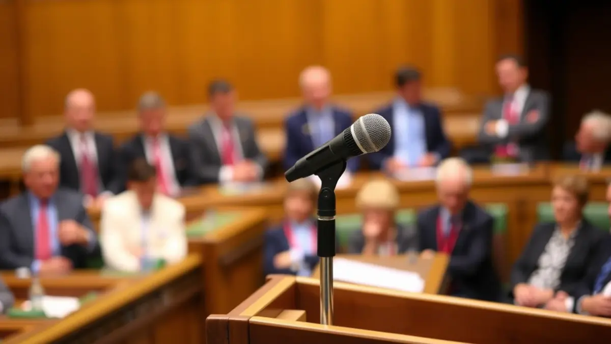Generic image of a microphone on a podium, symbolizing a political debate.