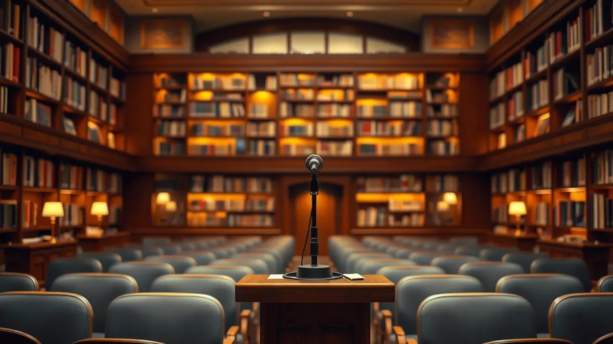 Imagen genérica de un espacio de diálogo o debate cultural, con un micrófono en un podio y sillas vacías.