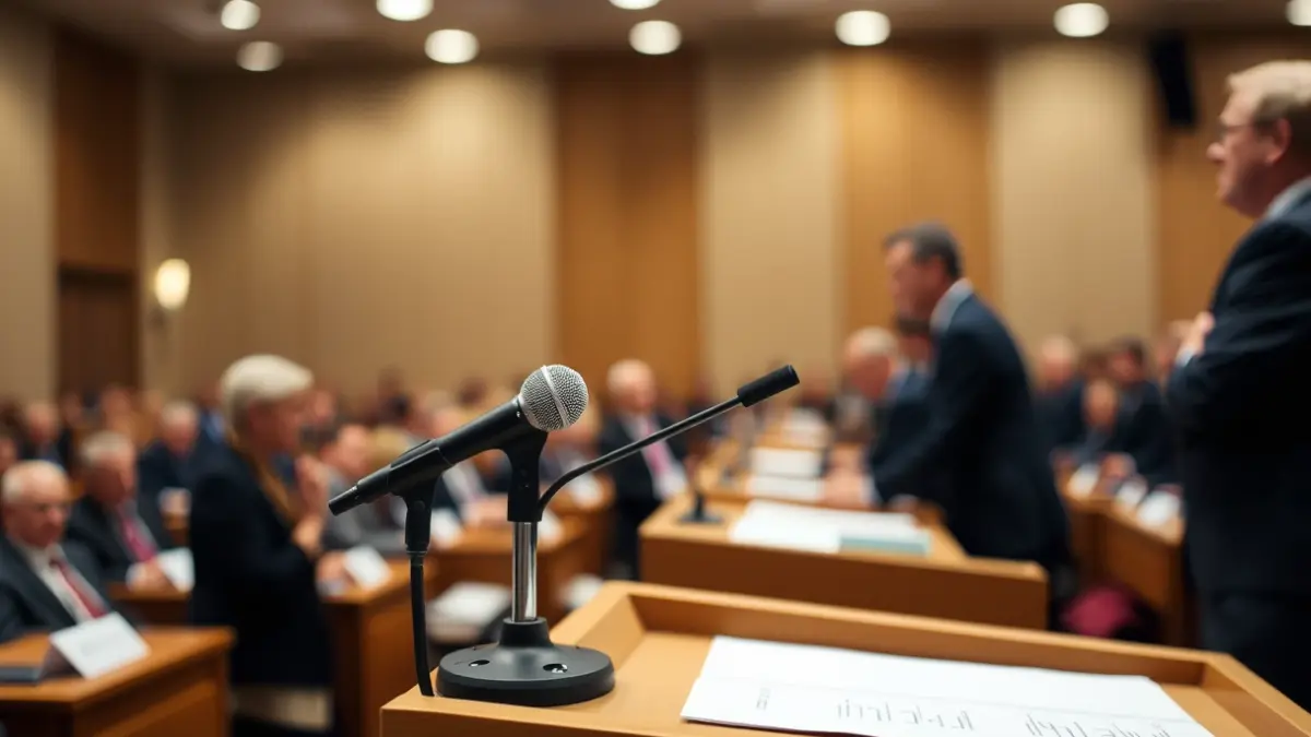 Generic image of a microphone on a podium during a political assembly.