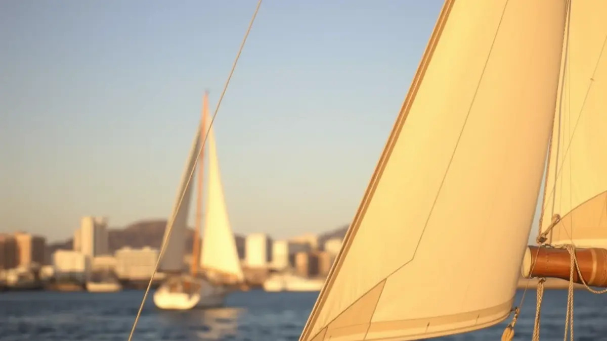 Embarcación de vela latina canaria navegando en la bahía de Las Palmas de Gran Canaria.