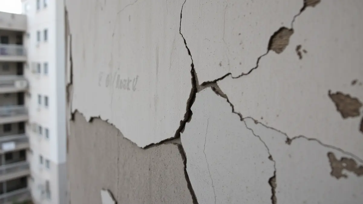 Imagen genérica de una pared de hormigón agrietada con manchas de humedad y pintura descascarillada, simbolizando el deterioro de una vivienda.