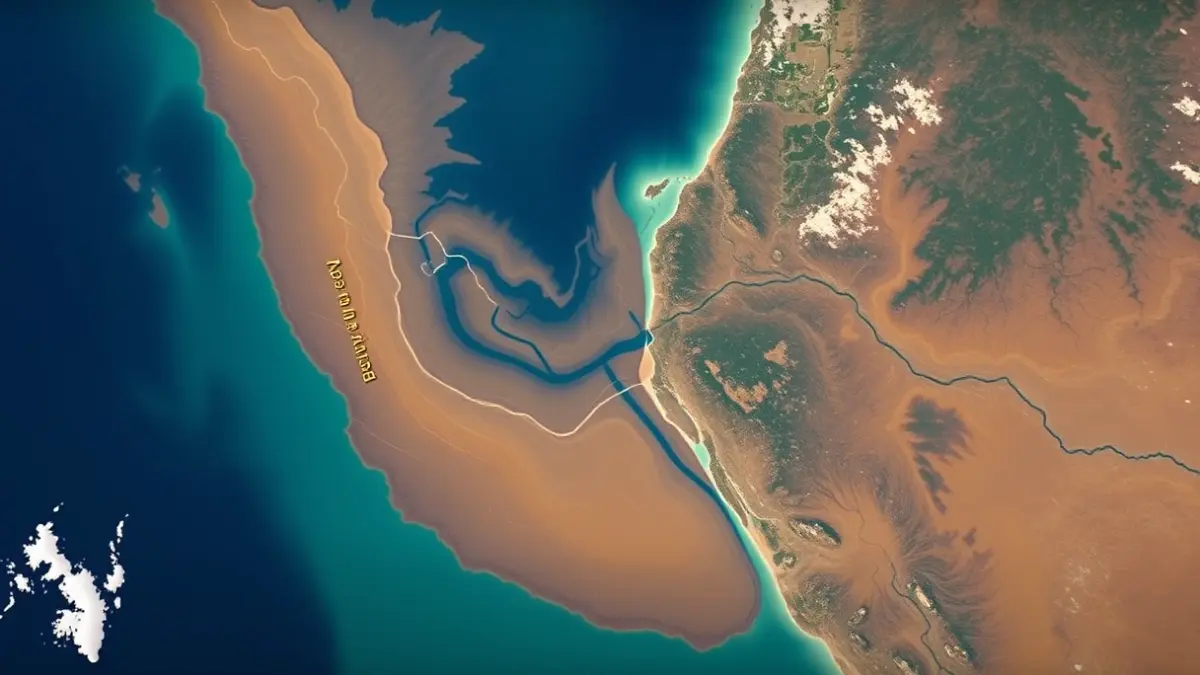 Satellite image of a mud plume in the sea near the coast.