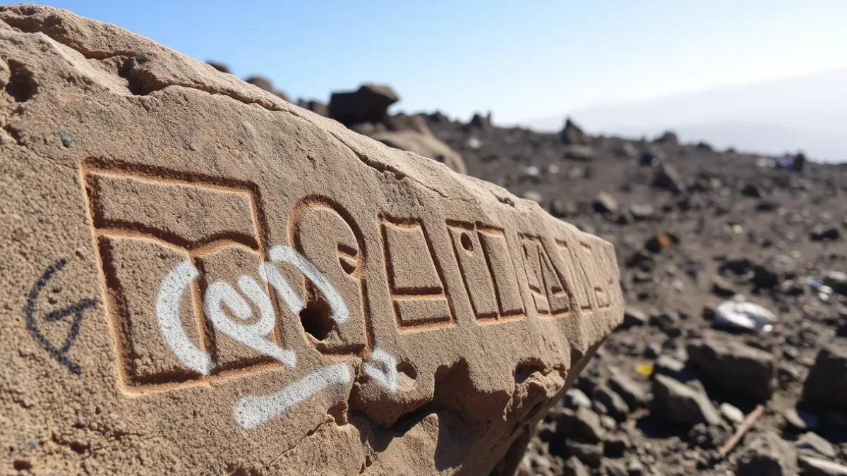 Grabados rupestres guanches dañados por vandalismo y basura en un yacimiento arqueológico.