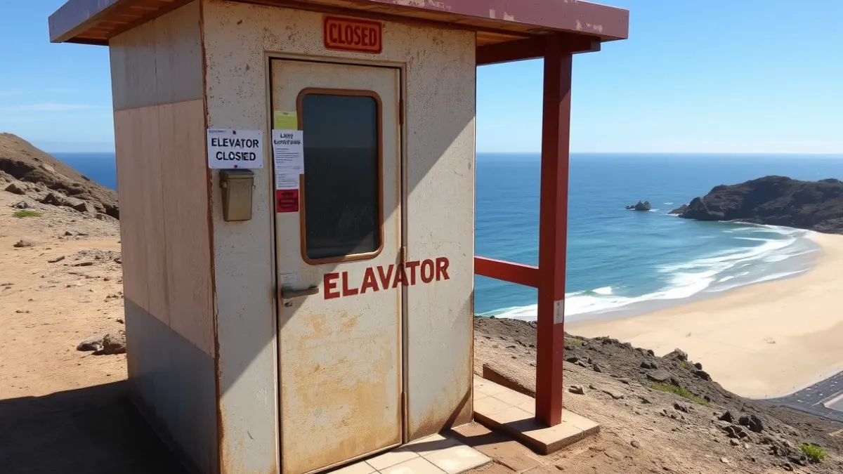 Out-of-service public elevator on the Gran Canaria coast, overlooking the beach.
