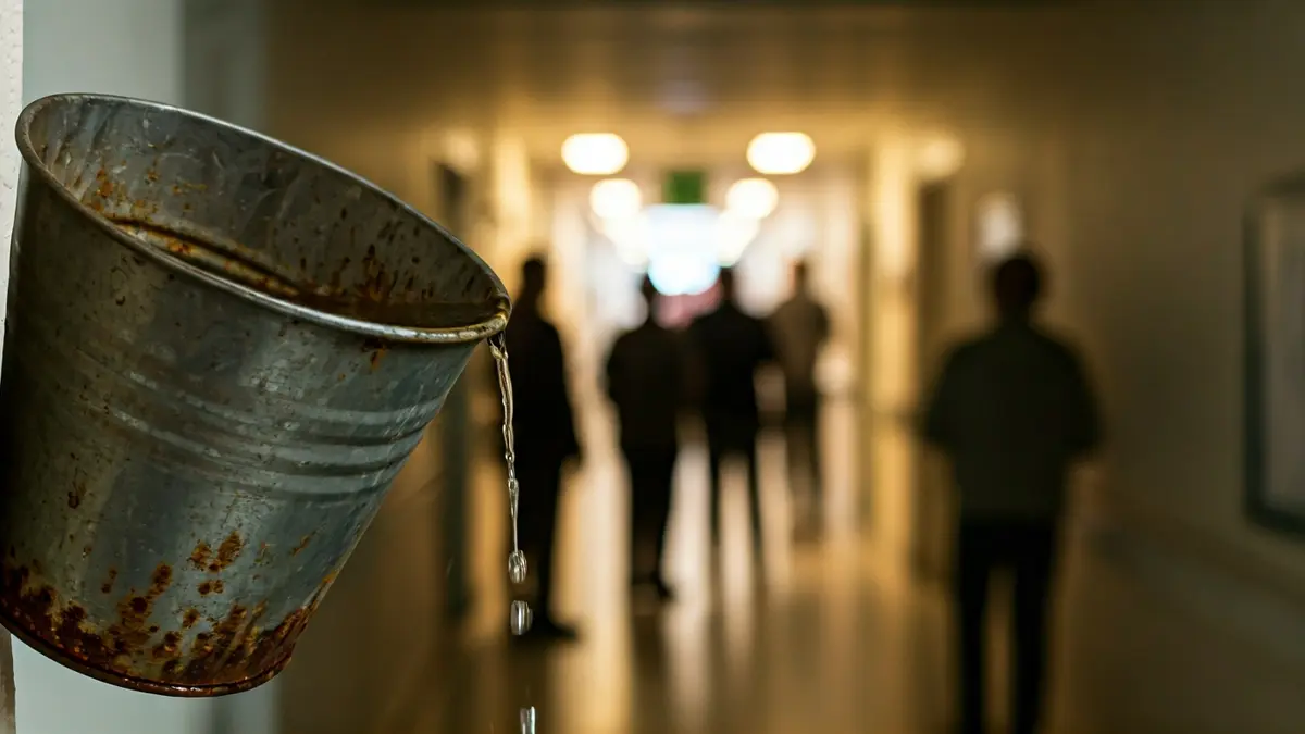 Imagen de un cubo oxidado recogiendo gotas de agua en un pasillo de hospital.