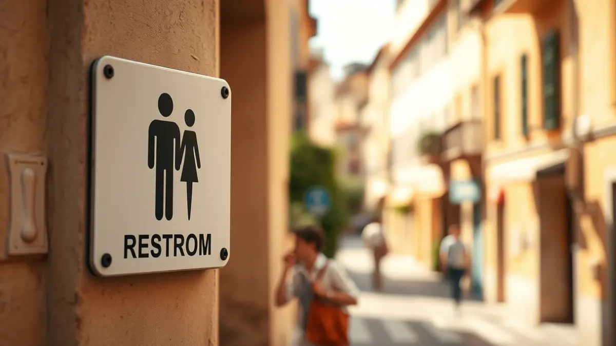 Imagen genérica de un cartel de baños públicos en un entorno urbano.