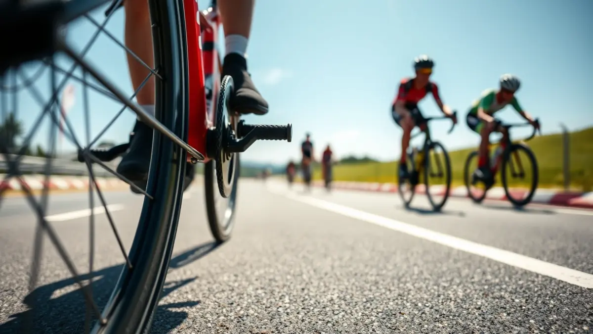 Imagen genérica de una rueda de handbike en una pista de asfalto durante una carrera.