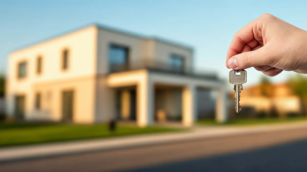 Imagen genérica de una mano sosteniendo una llave de casa, con una fachada de casa borrosa al fondo.