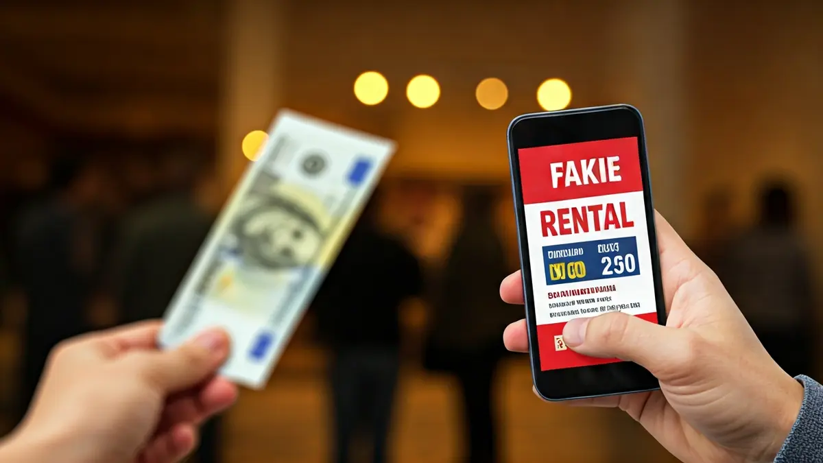 Image of a hand holding a mobile phone displaying a fake rental ad and cash.