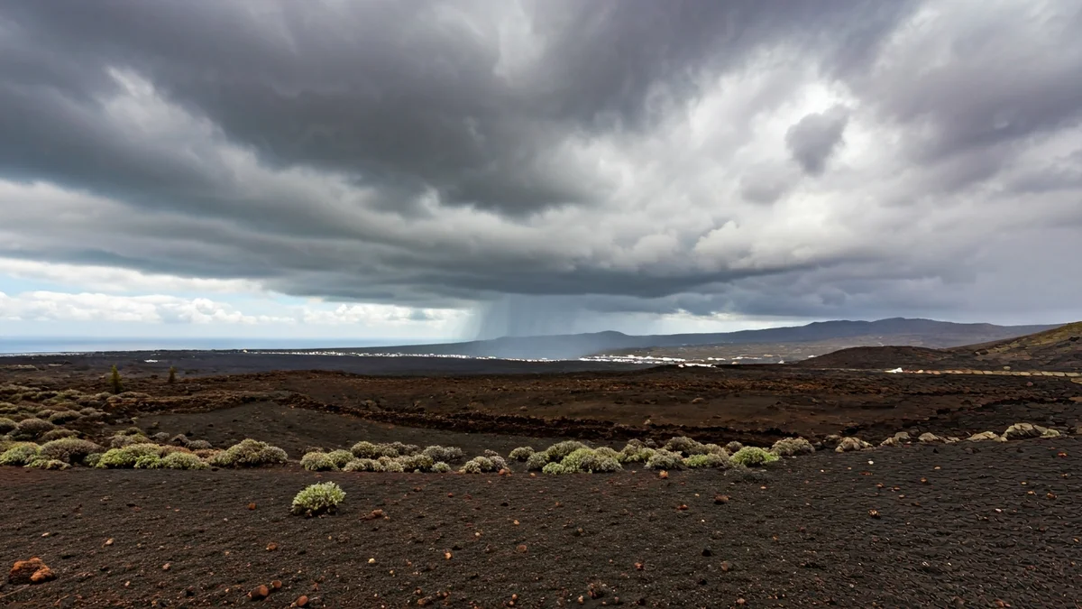 Generic image of a cloudy sky with potential rain over a Canarian volcanic landscape.
