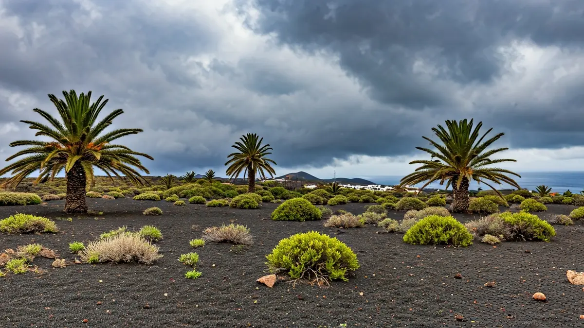 Imagen genérica de un cielo nublado y ventoso sobre un paisaje volcánico canario, con palmeras moviéndose por el viento.