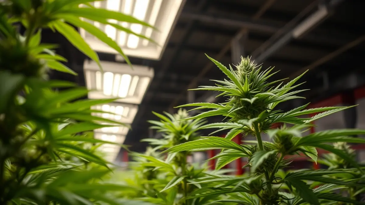Plantas de cannabis bajo luces de cultivo en un almacén.