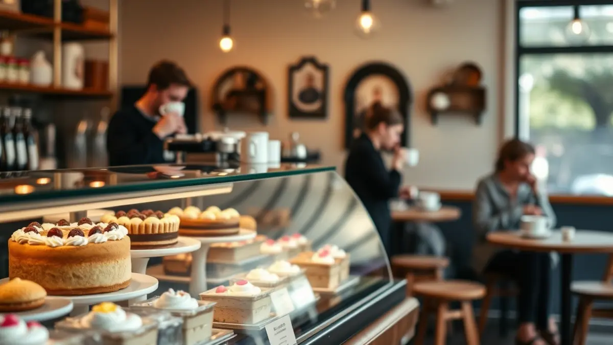 Imagen genérica de una cafetería con tartas y bollería en exposición.