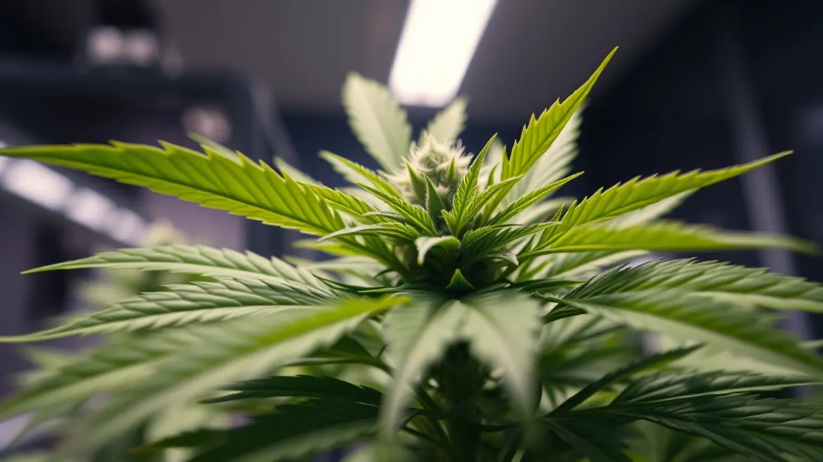 Imagen de plantas de cannabis bajo luces de cultivo.