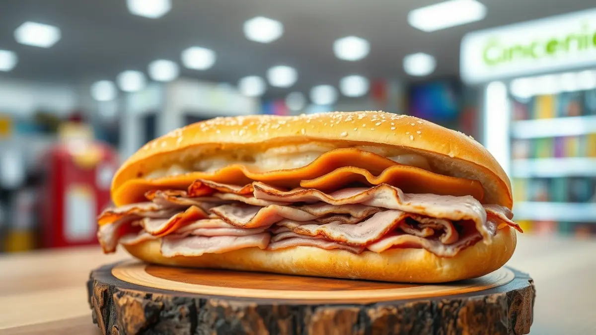 Image of a generously filled pork and ham sandwich.