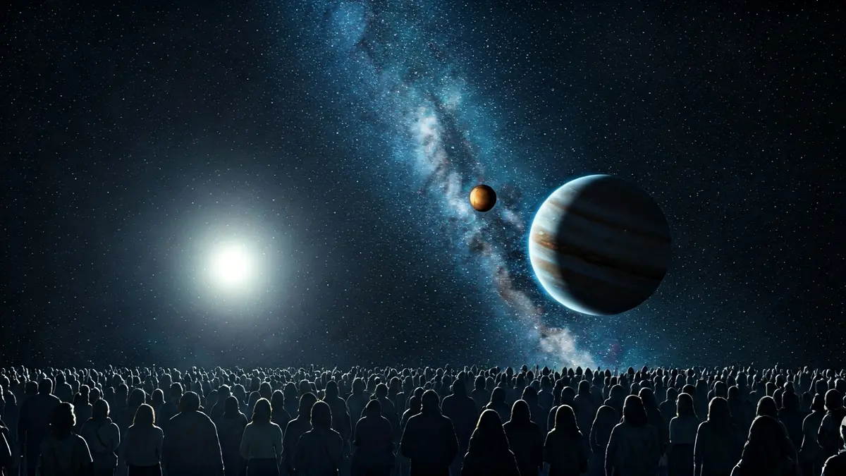 Artistic representation of a super-Earth, a temperate Jupiter, and a brown dwarf orbiting a distant star.