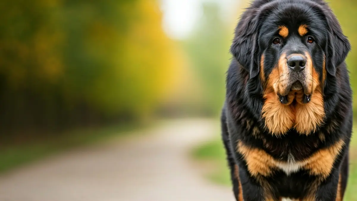 Imagen de un mastín tibetano, perro de gran tamaño y pelaje oscuro.