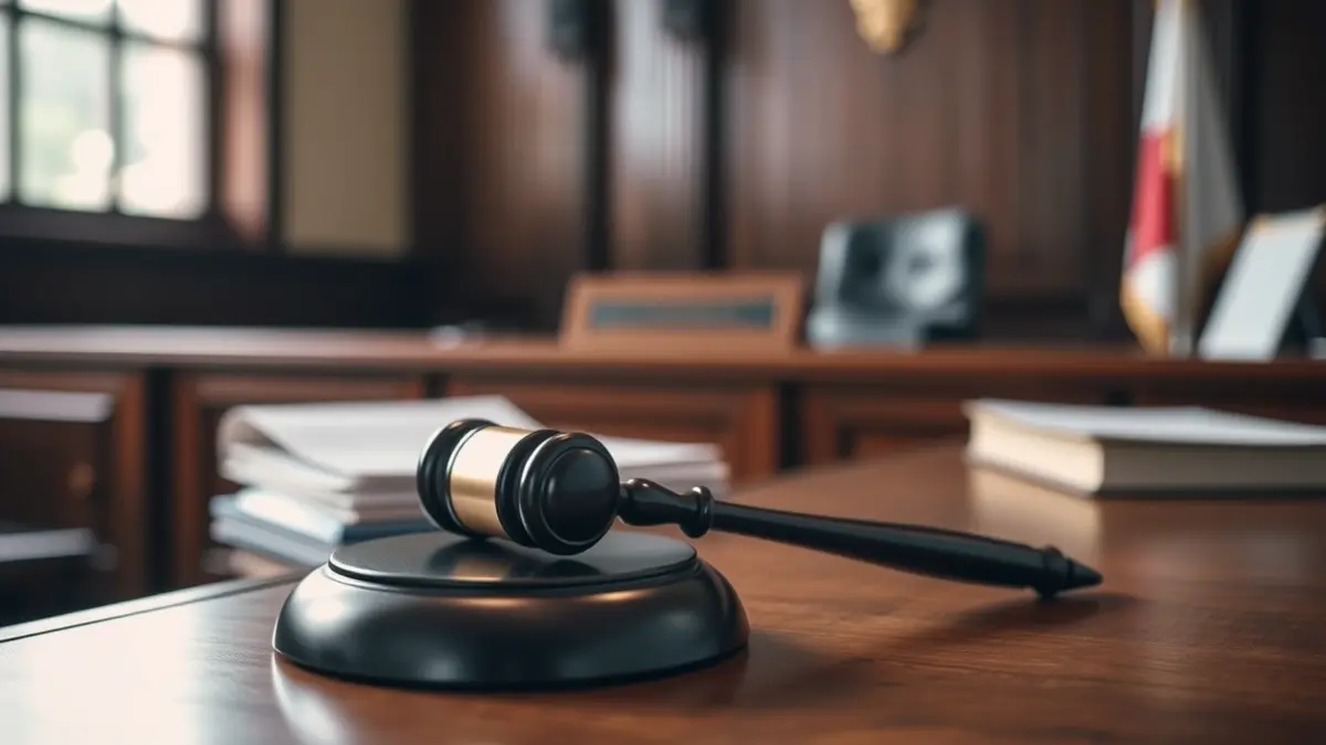 Generic image of a judge's gavel on a wooden desk in a courtroom.