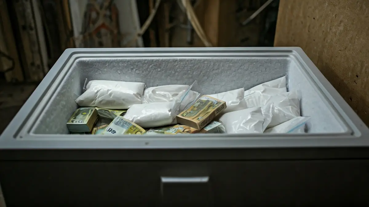 Image of a freezer chest with drug packages and cash.