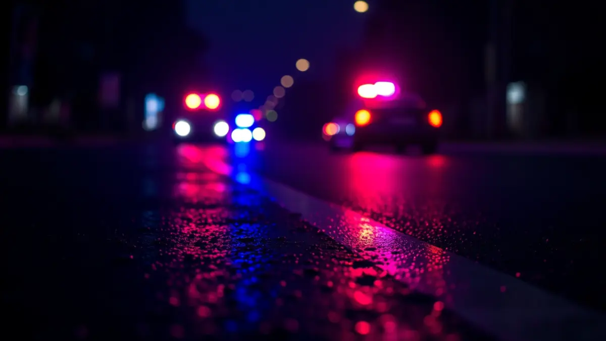 Imagen genérica de luces de emergencia policiales reflejadas en el asfalto mojado.