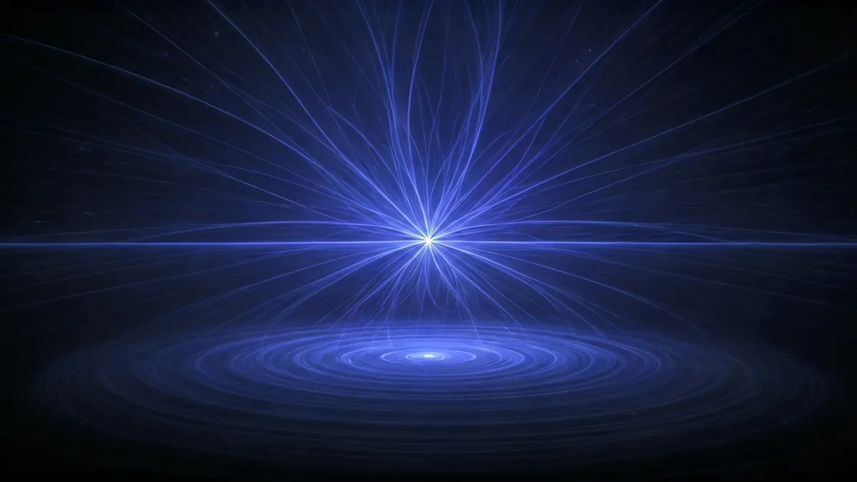 Representación abstracta de burbujas de plasma sobre una isla volcánica, con distorsiones de luz.