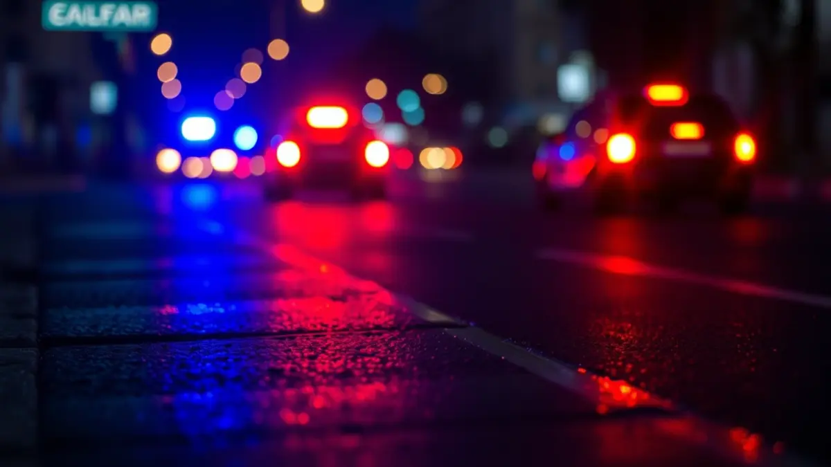 Generic image of police emergency lights reflecting on wet asphalt.
