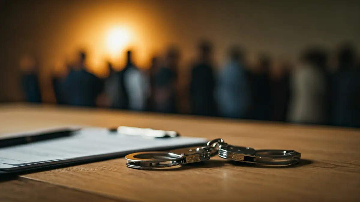 Generic image of handcuffs on a desk with blurred documents.