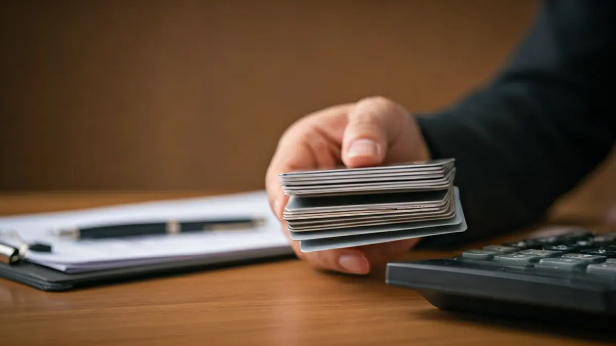 Imagen genérica de una mano sosteniendo tarjetas de crédito, con documentos legales borrosos de fondo.