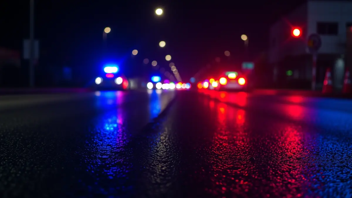 Imagen genérica de luces de emergencia policiales reflejadas en el asfalto mojado.