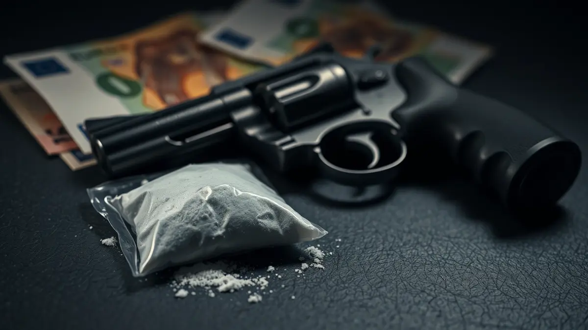 Imagen de un revólver y drogas incautadas.