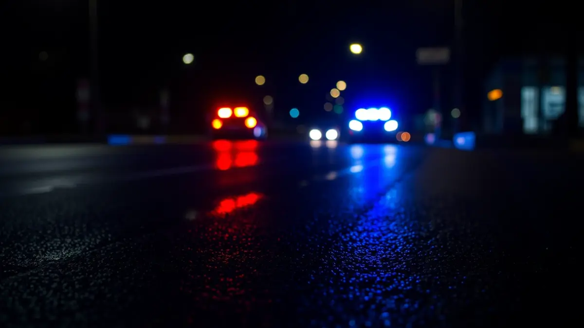 Imagen genérica de luces de emergencia policiales reflejadas en el asfalto mojado por la noche.