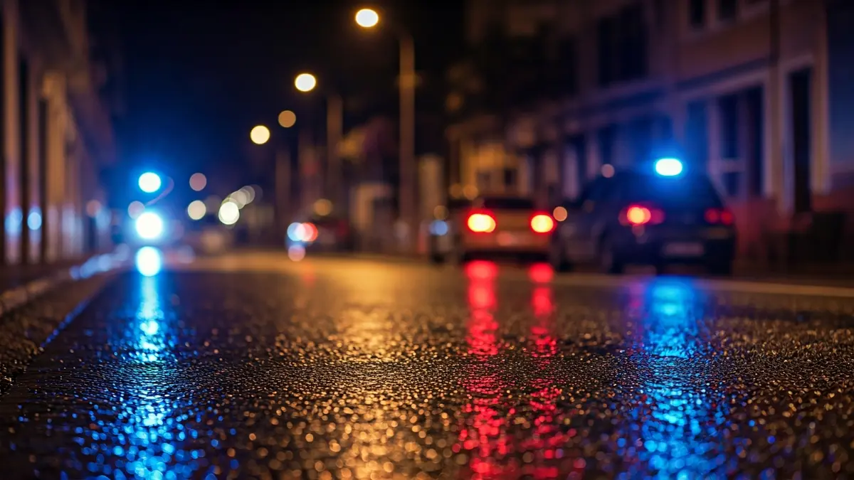 Generic image of police emergency lights reflecting on wet asphalt at night.