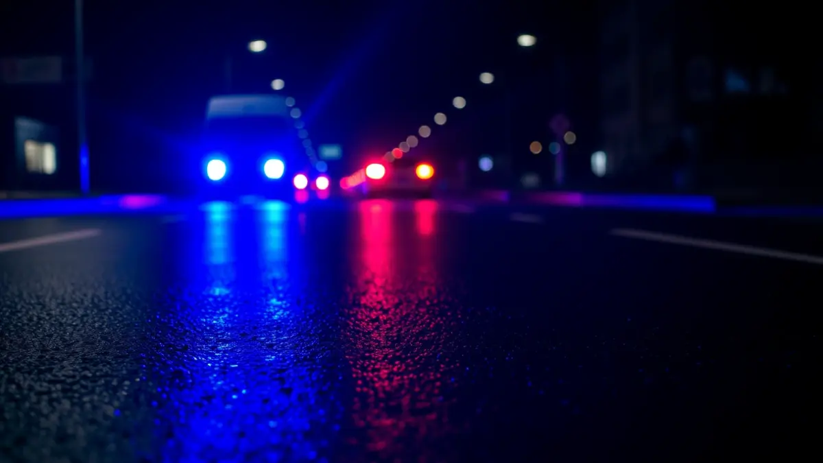 Generic image of police emergency lights reflected on wet asphalt.
