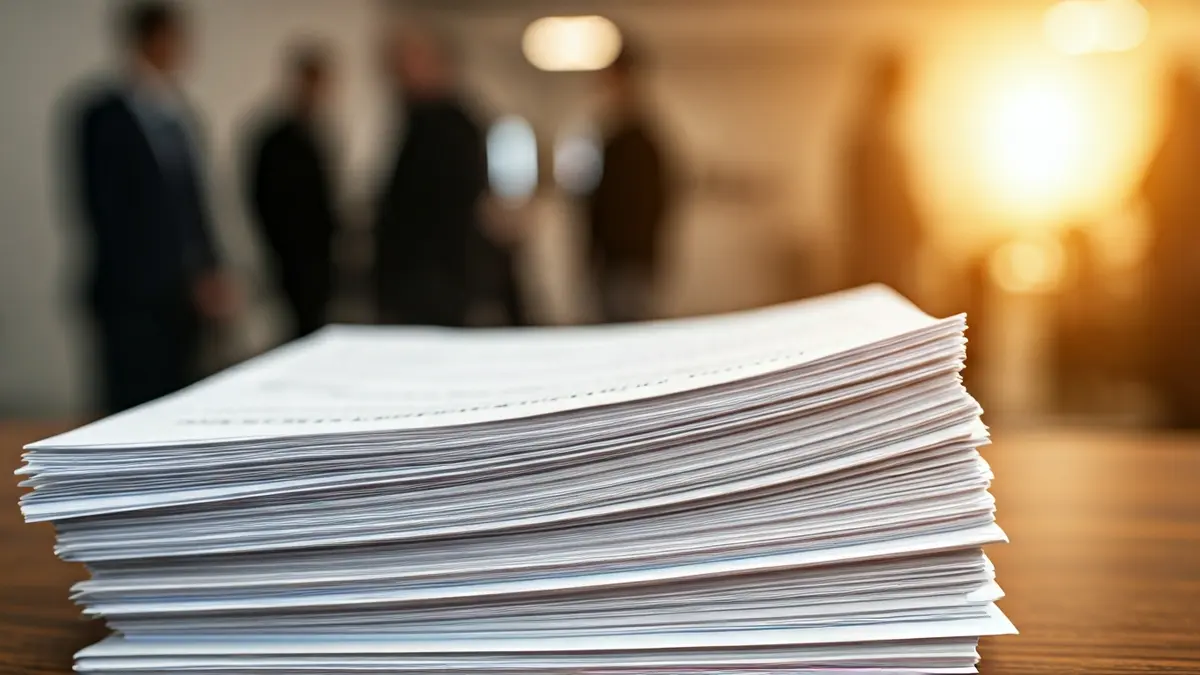Fraudulent telecommunications documents stacked on a desk.