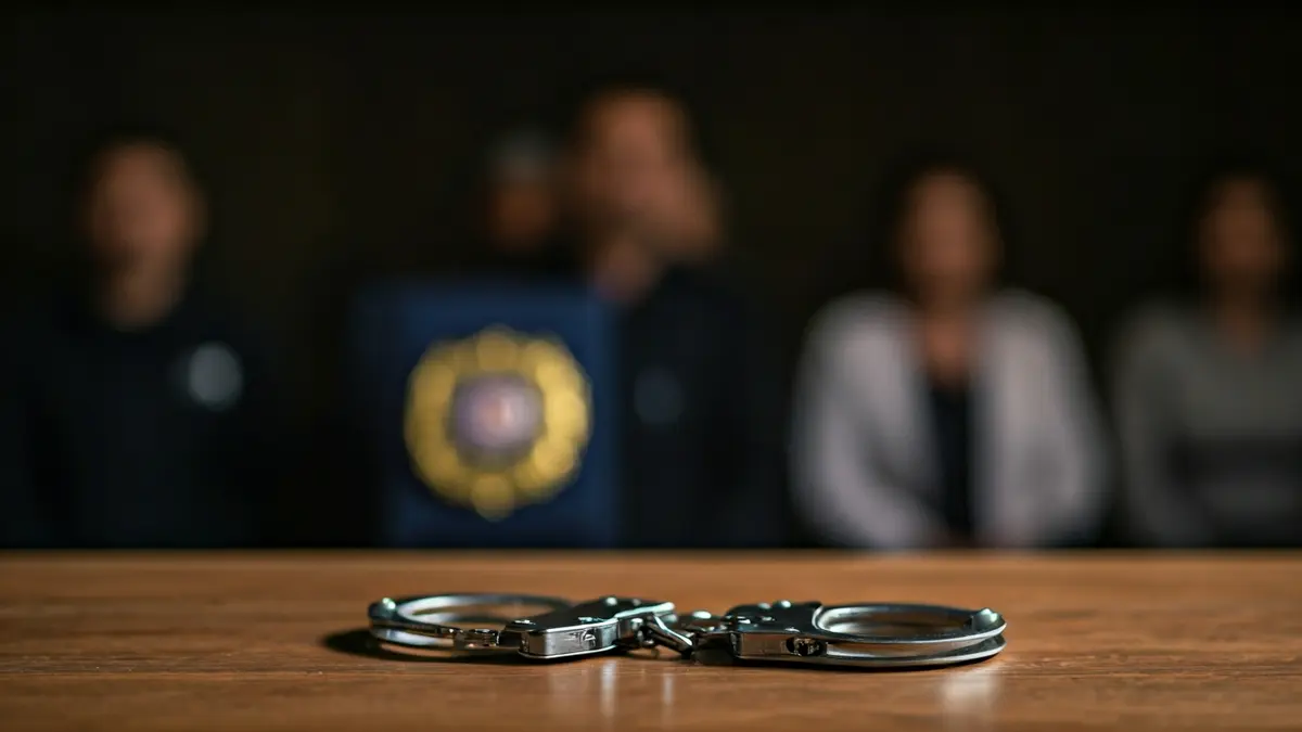 Generic image of handcuffs on a table, with a blurred police badge in the background.