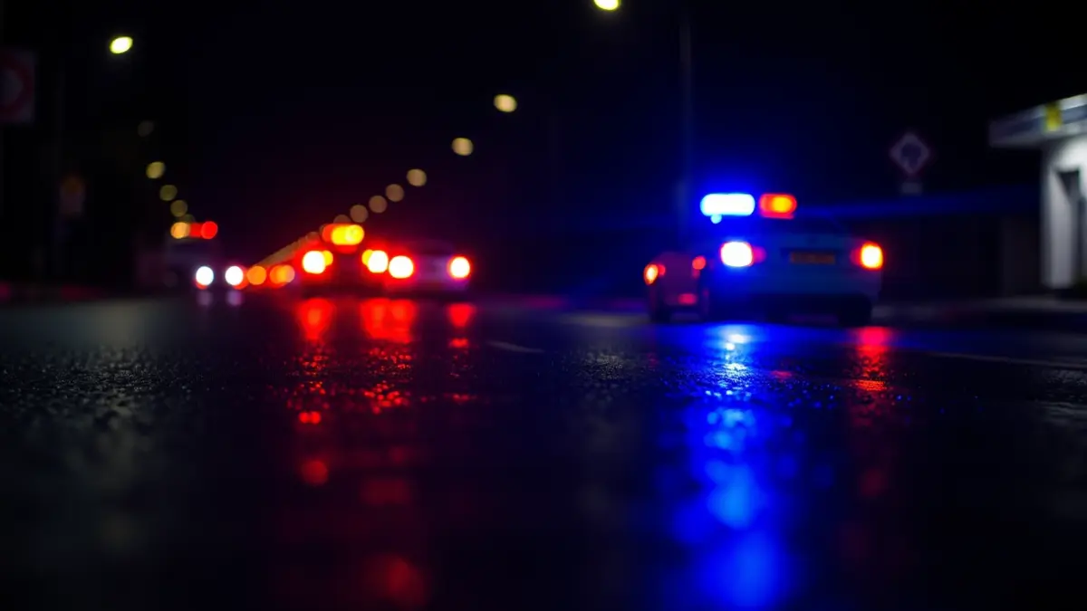 Generic image of police emergency lights reflecting on wet asphalt.