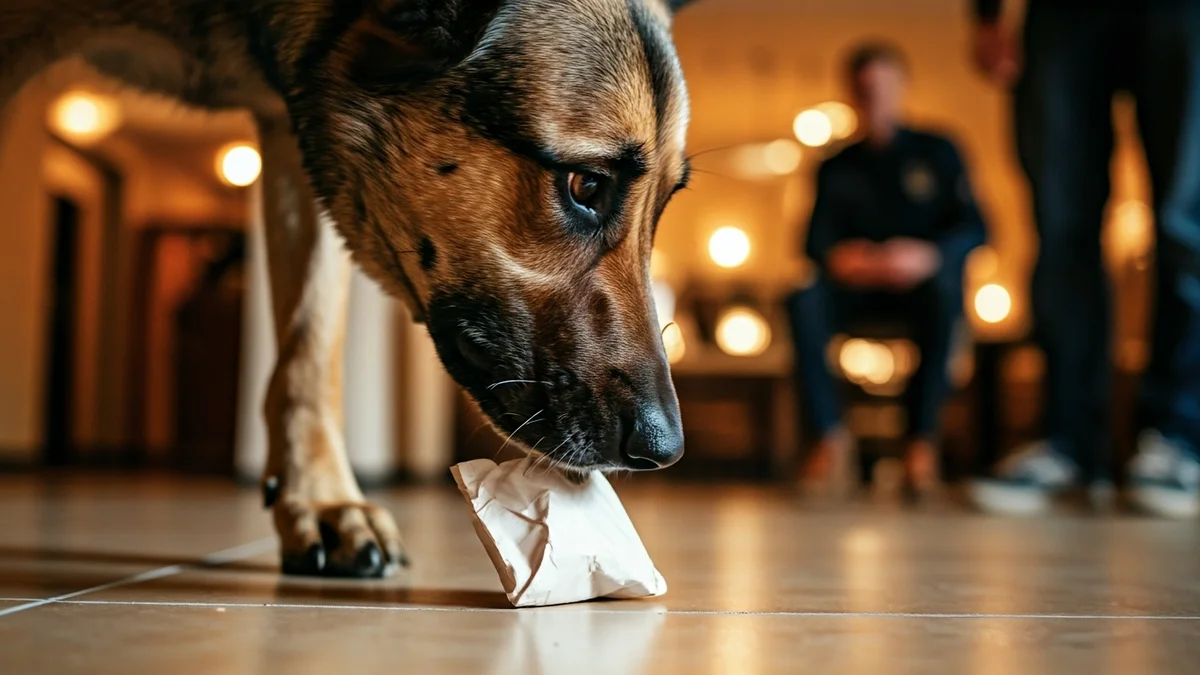 Image of a police dog detecting a substance on a tiled floor.