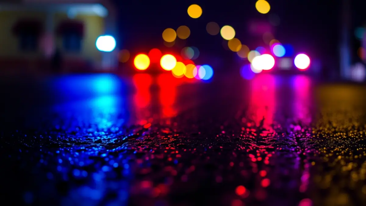 Generic image of police emergency lights reflecting on wet asphalt.