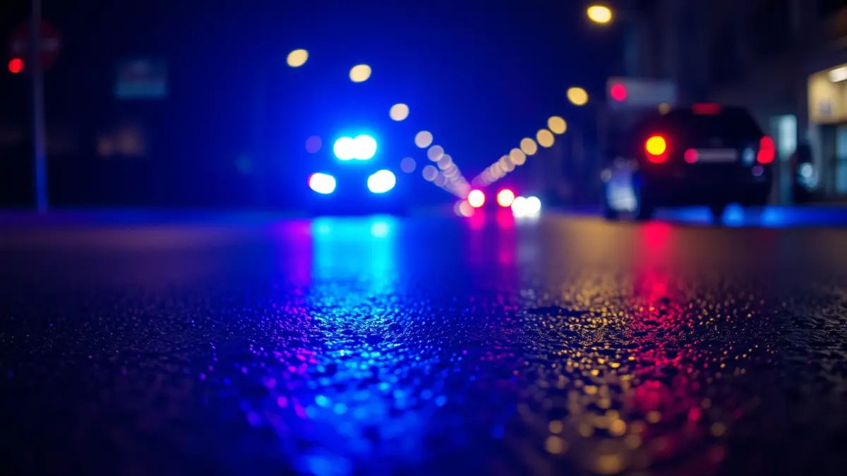 Generic image of police emergency lights reflected on wet asphalt.