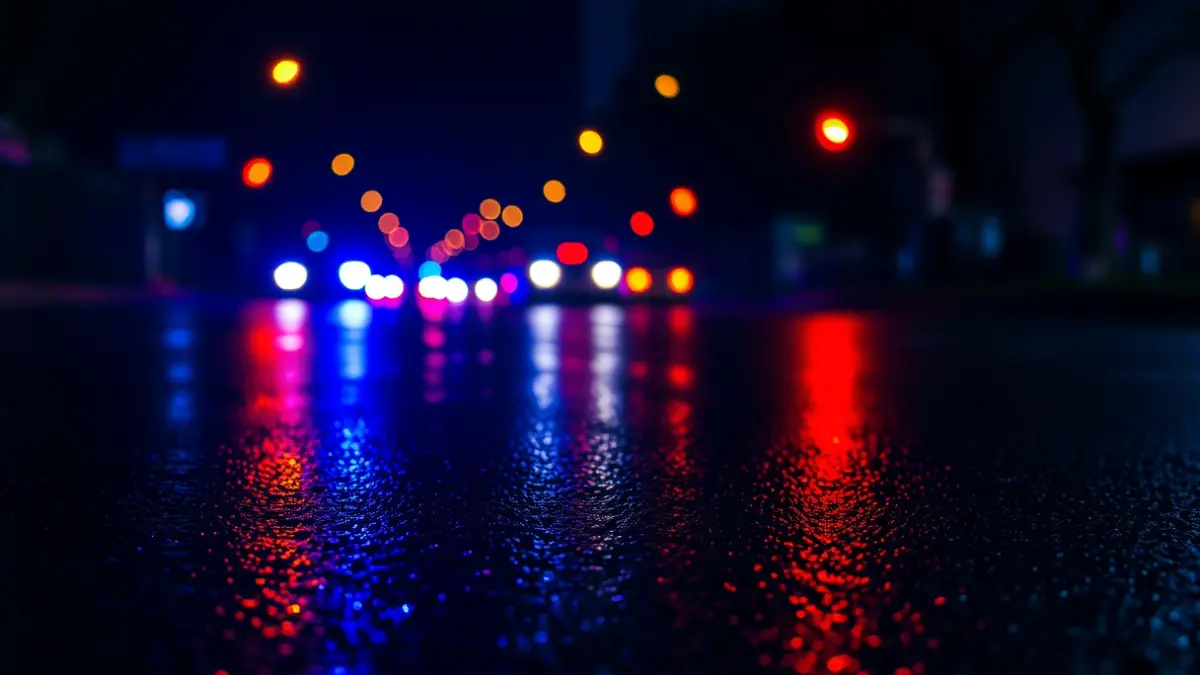 Generic image of police emergency lights reflected on wet asphalt.