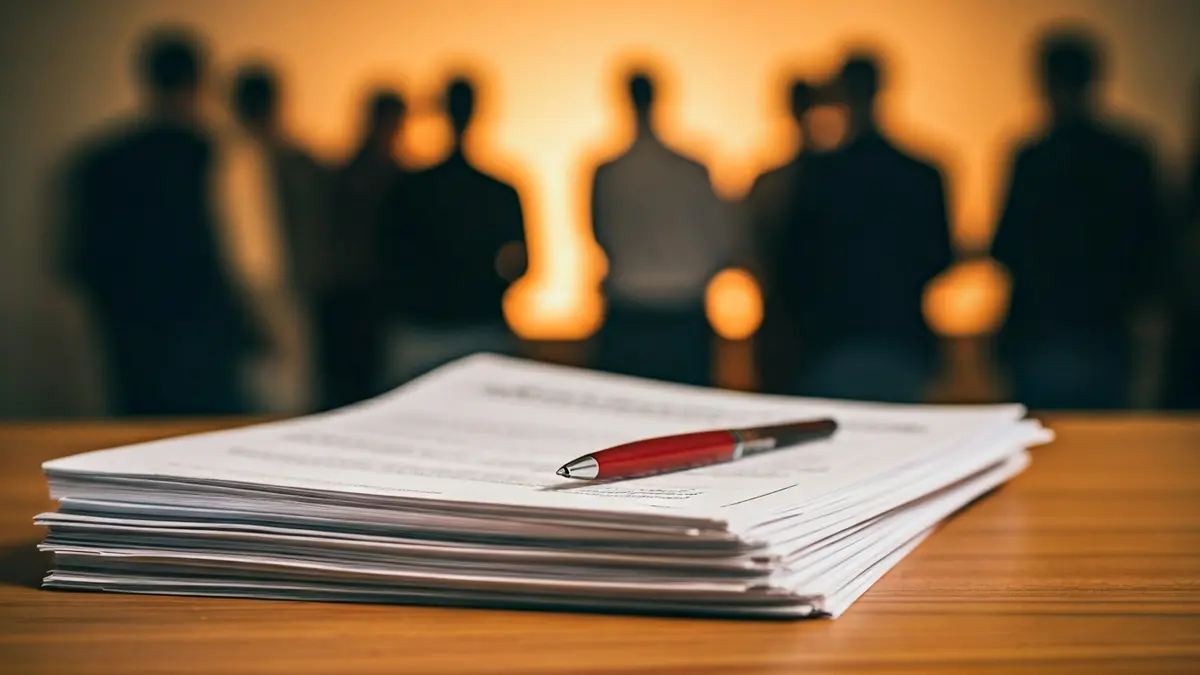 Documentos fraudulentos y contratos de telecomunicaciones apilados en un escritorio.