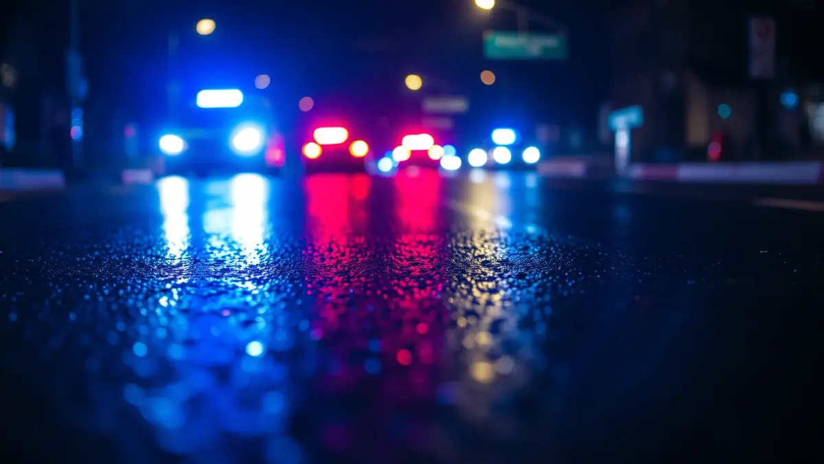 Generic image of police emergency lights reflecting on wet asphalt at night.