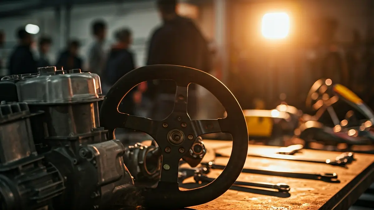 Imagen de piezas de karts en un taller.