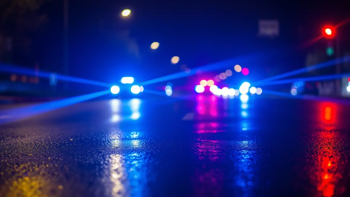 Generic image of police emergency lights reflecting on wet asphalt at night.